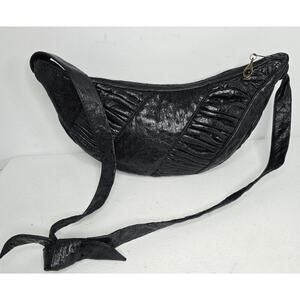 Vintage Judith Leiber Black Ostrich Leather Shoulder Bag Handbag Crescent Shape